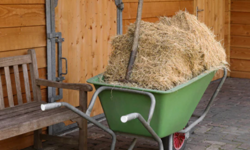 A large bucket of hay with pitch fork.