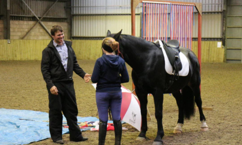 A man and woman talking while standing next to a horse.